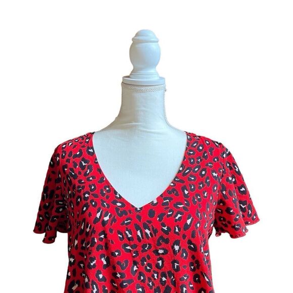 Adrienne Red Leopard Print Butterfly Sleeve Summer Dress V Neck US M - Picture 2 of 7